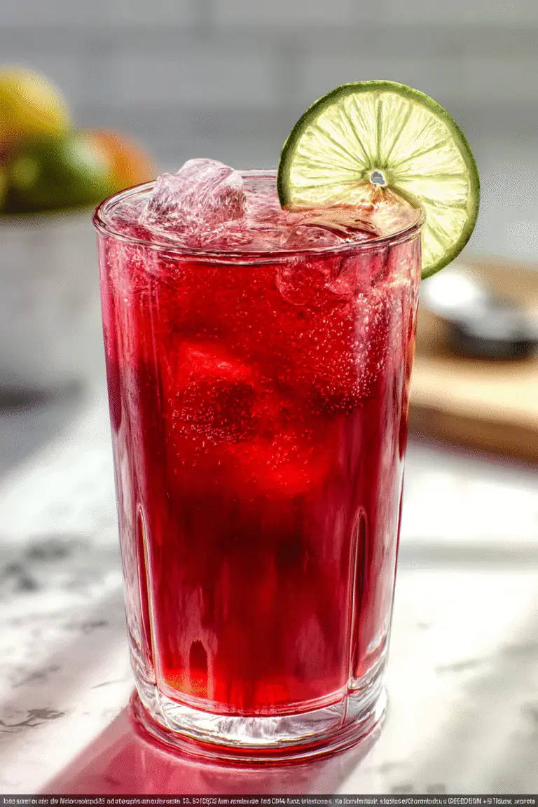 Refreshing vibrant red Agua Fresca de Jamaica served with ice and a lime garnish on a white kitchen counter."