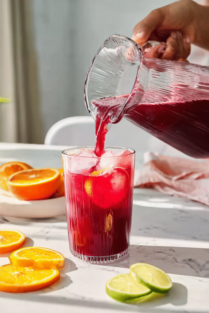 Pouring vibrant red Agua Fresca de Jamaica from a pitcher into a glass filled with ice, garnished with orange and lime slices."