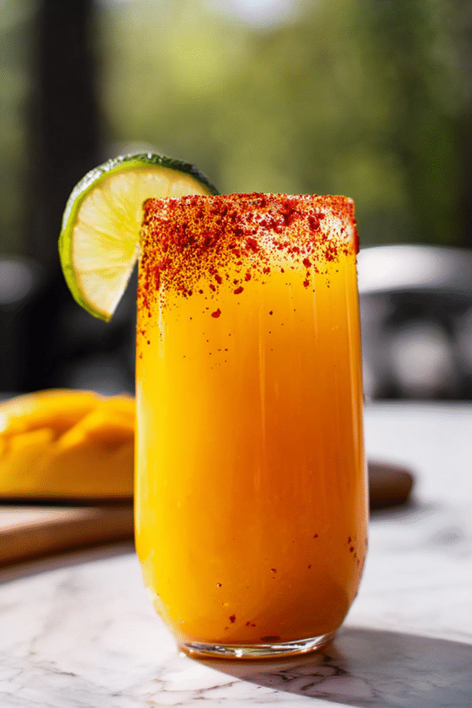 "Refreshing Mango Agua Fresca with a lime wedge and chili powder rim for a perfect summer drink."