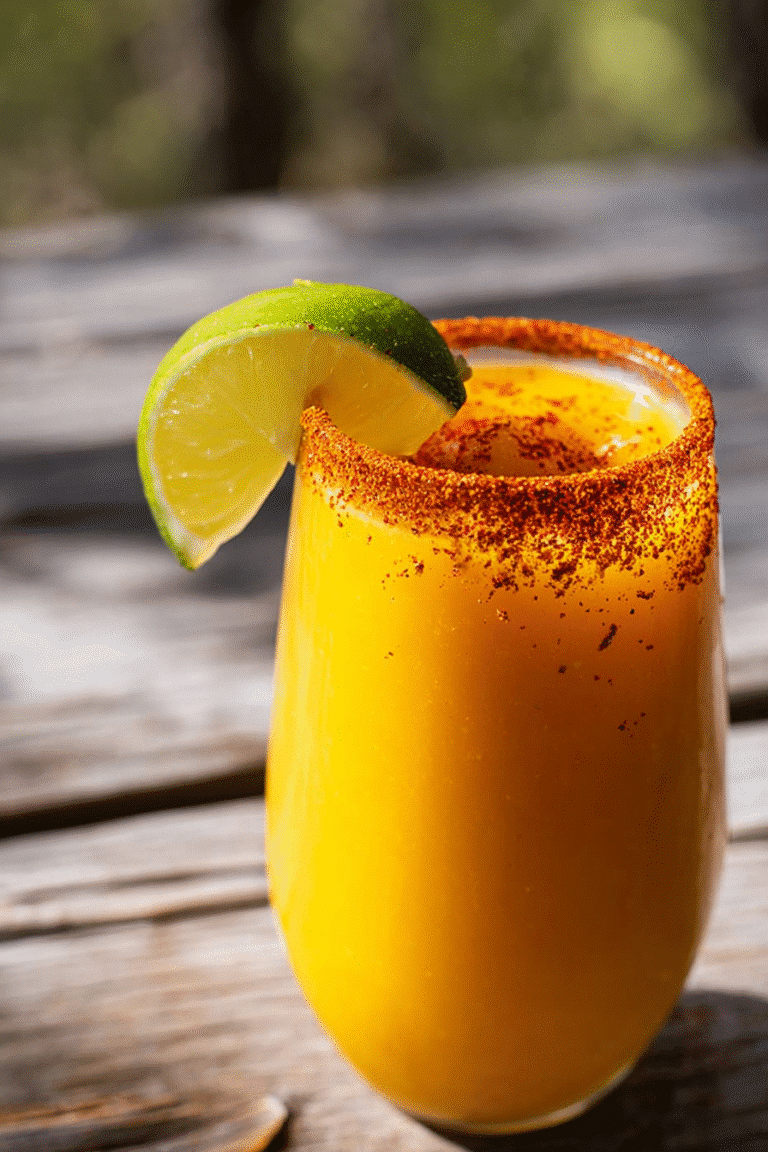 "Sweet Mango Agua Fresca with a chili powder rim and a lime wedge, perfect for a refreshing summer drink."