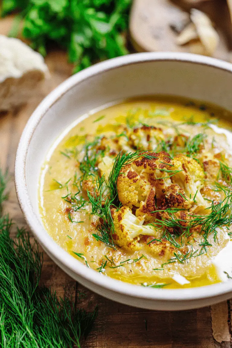 Cauliflower Soup creamy golden broth with roasted cauliflower