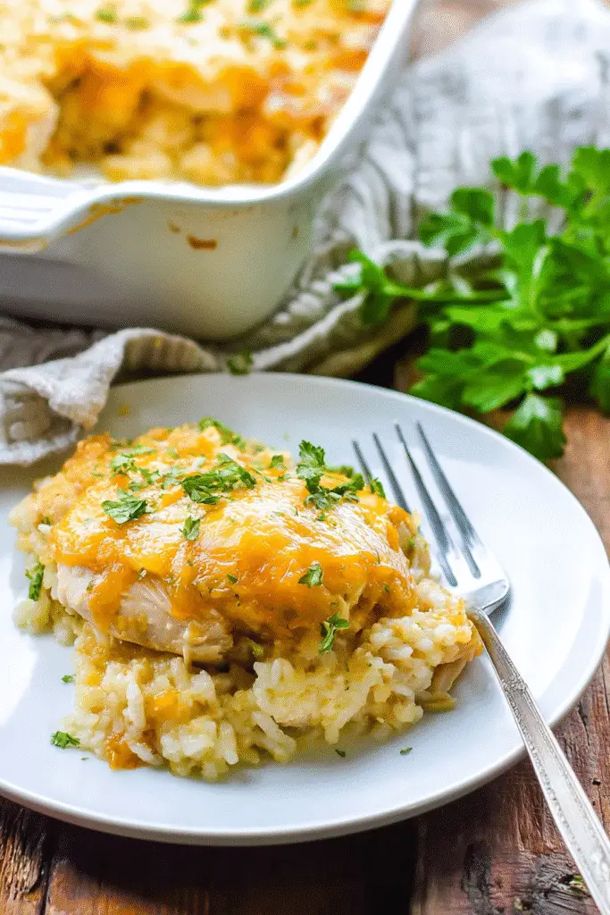 Cheesy Chicken and Rice Casserole, close-up view, creamy baked casserole served on a white plate with a fork