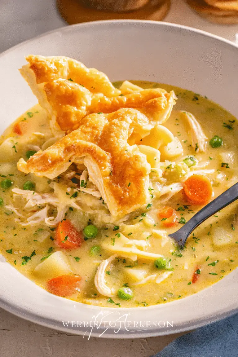 Chicken Pot Pie Soup served in a cozy bowl,