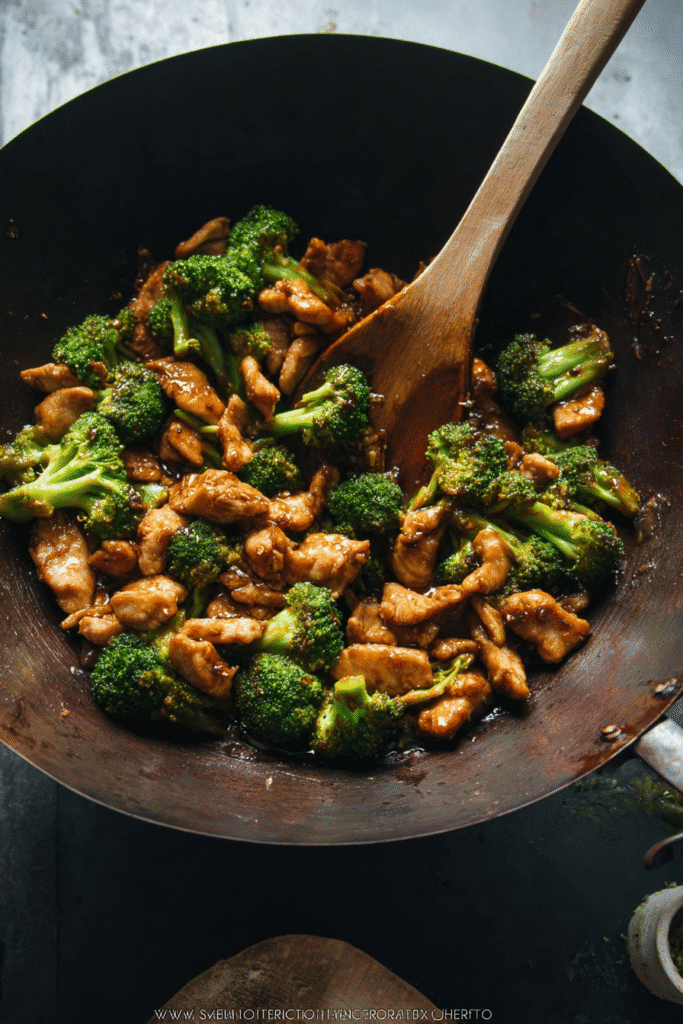 Chicken and Broccoli Stir Fry, top-down view, juicy chicken pieces stir-fried with vibrant green broccoli florets in a glossy savory sauce,