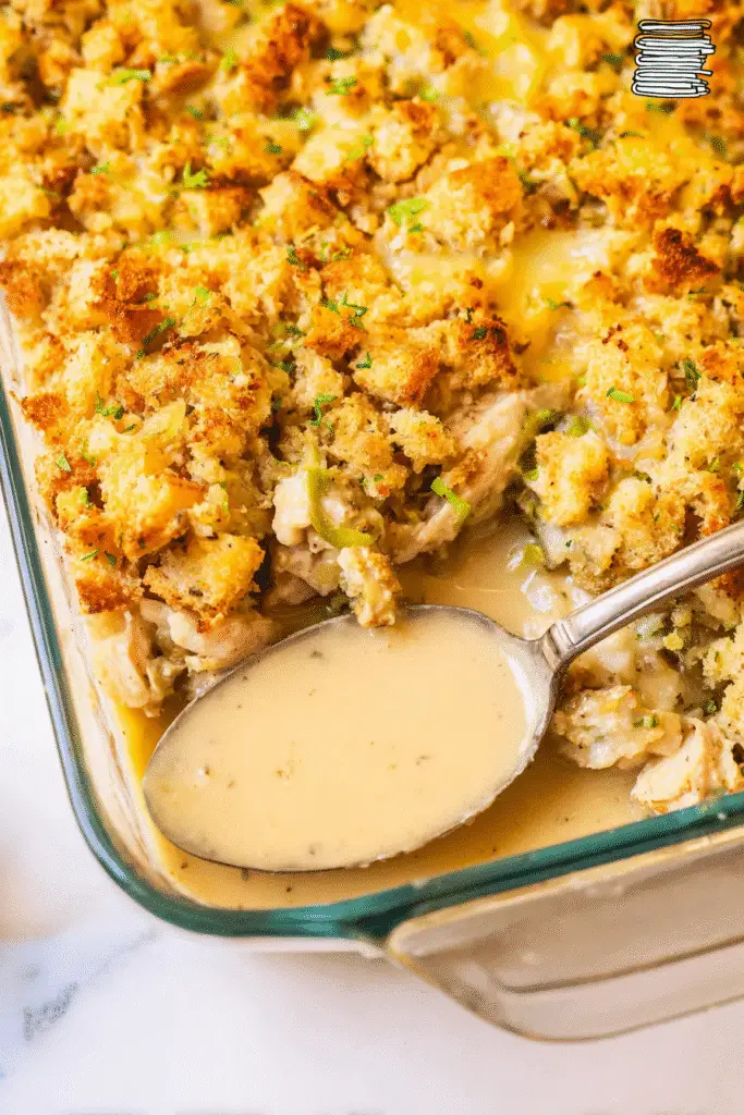Chicken and Stuffing Casserole, close-up top-down view,