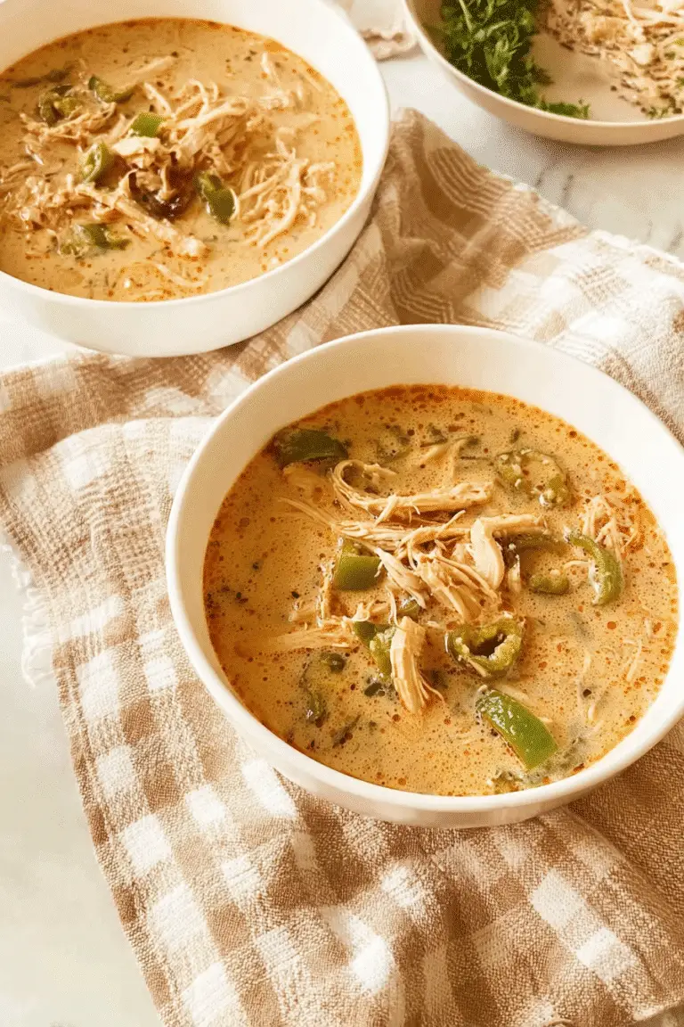 Creamy Cajun Chicken Soup in a cozy homemade setting, shredded chicken in a rich creamy broth with Cajun spices, green peppers, and herbs