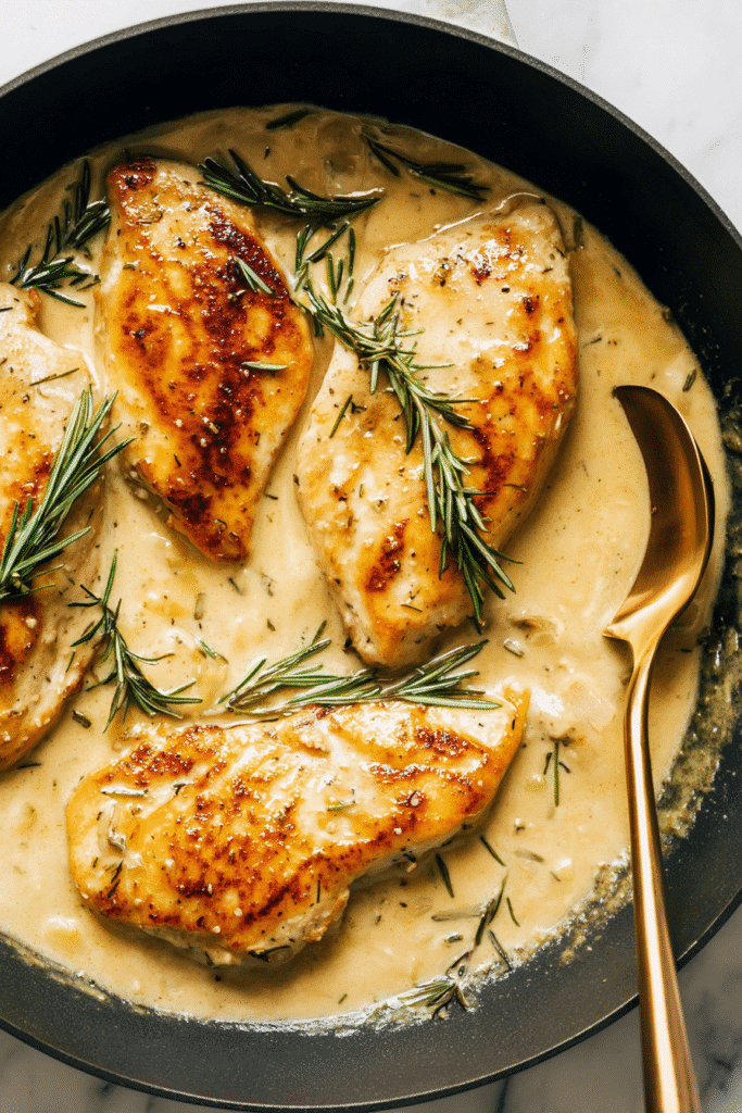 Creamy Dijon Rosemary Chicken, top-down view, golden-brown seared chicken breasts in a rich creamy Dijon sauce with rosemary sprigs,
