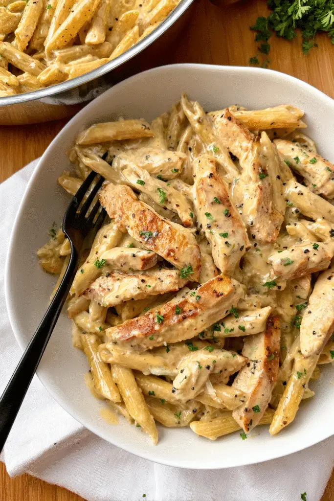 Creamy Garlic Chicken Pasta, close-up top-down view, tender seared chicken strips mixed with penne pasta in a rich creamy garlic Parmesan sauce,