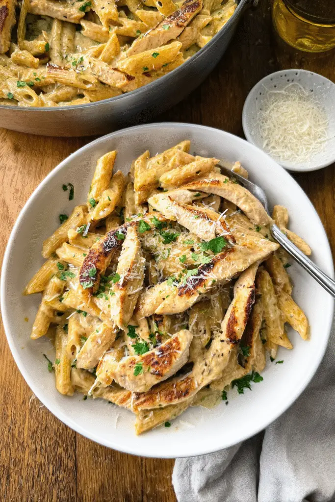 Creamy Garlic Chicken Pasta, top-down view, tender grilled chicken strips tossed with penne pasta in a rich creamy garlic Parmesan sauce