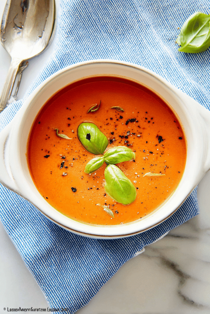 Creamy Tomato Soup served in a white bowl, smooth orange-red texture topped with fresh basil leaves and cracked black peppe