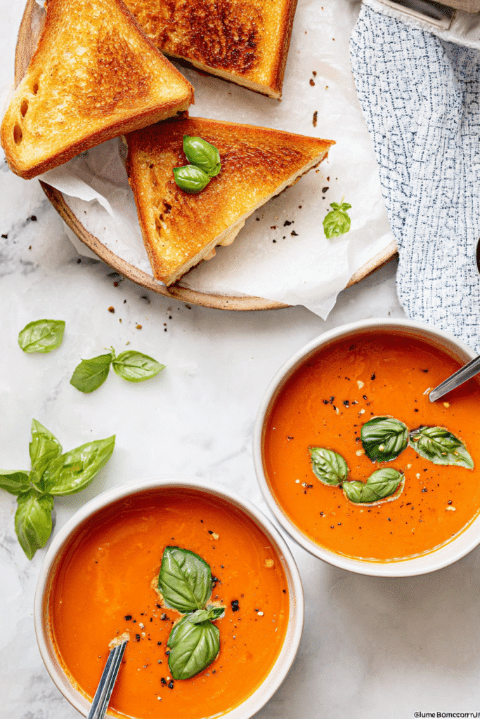 Creamy Tomato Soup served in white bowls on a marble countertop,