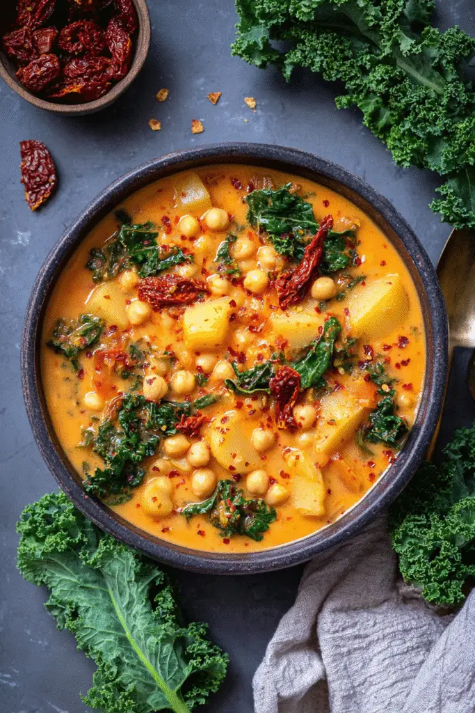 Creamy Tuscan Chickpea Soup in a dark rustic bowl, filled with chickpeas