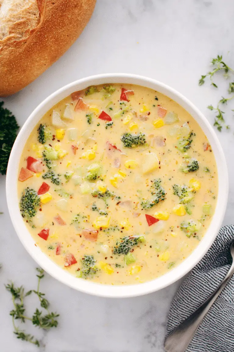 Creamy Vegetable Soup in a white bowl, filled with vibrant pieces of broccoli, corn, diced potatoes, carrots, and red bell pepper