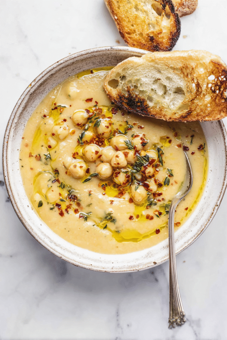 Delicious Garlic Chickpea Soup in a rustic ceramic bowl, creamy golden broth topped with olive oil drizzle