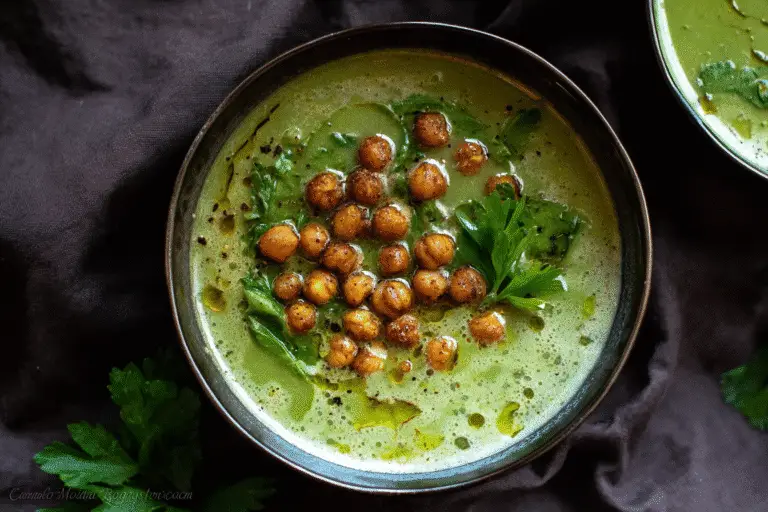 Green Goddess Herb Soup in a dark ceramic bowl, vibrant green creamy broth topped with roasted chickpeas