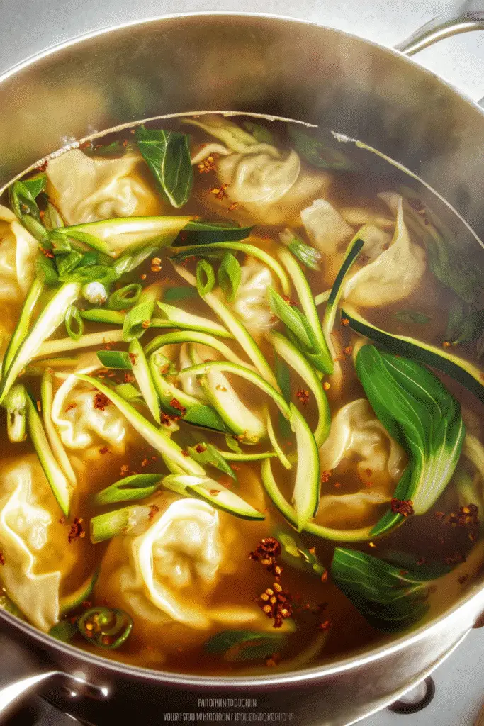 Gyoza Soup (Japanese Dumpling Soup) in a stainless steel pot, rich golden broth filled with delicate gyoza dumplings