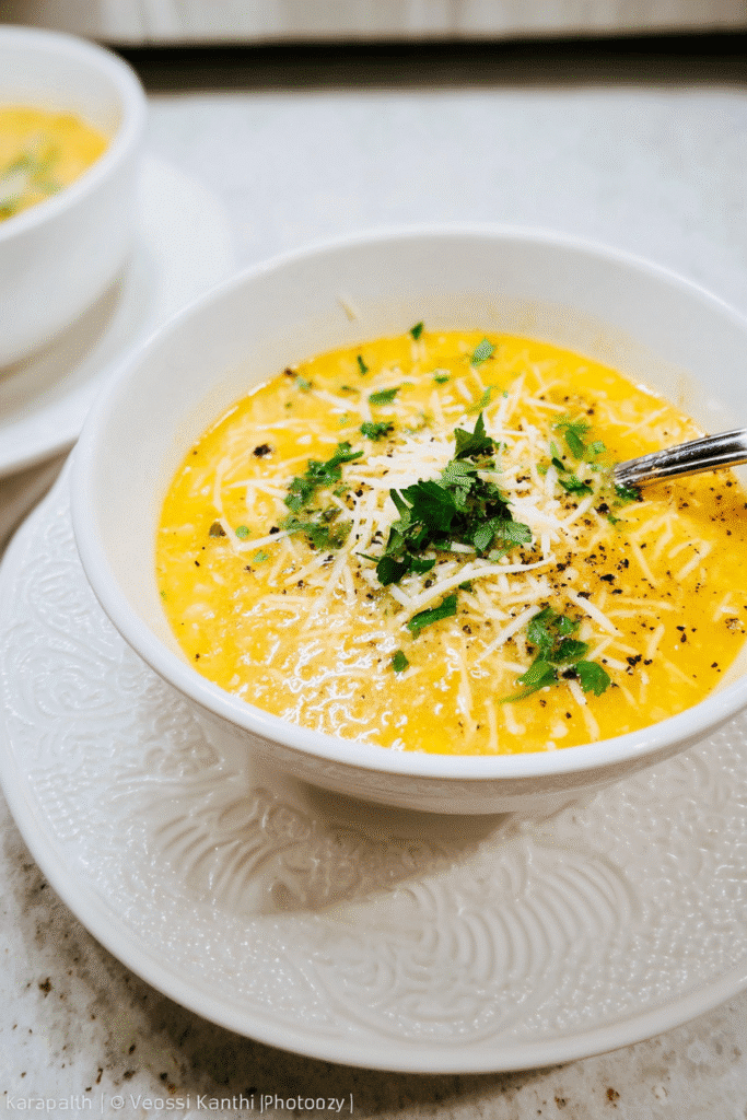 Italian Penicillin Soup served in a white bowl on a matching plate, vibrant golden broth with a creamy texture, topped with shredded parmesan cheese