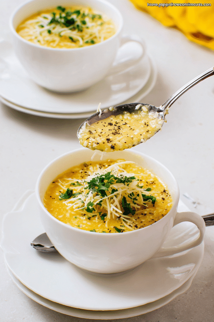 Italian Penicillin Soup served in elegant white cups on matching plates