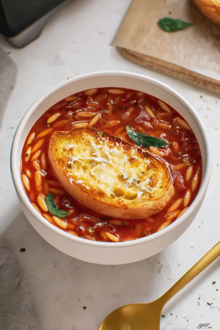 Quick Tomato Orzo Soup rich tomato broth filled with tender orzo pasta, topped with a slice of toasted bread