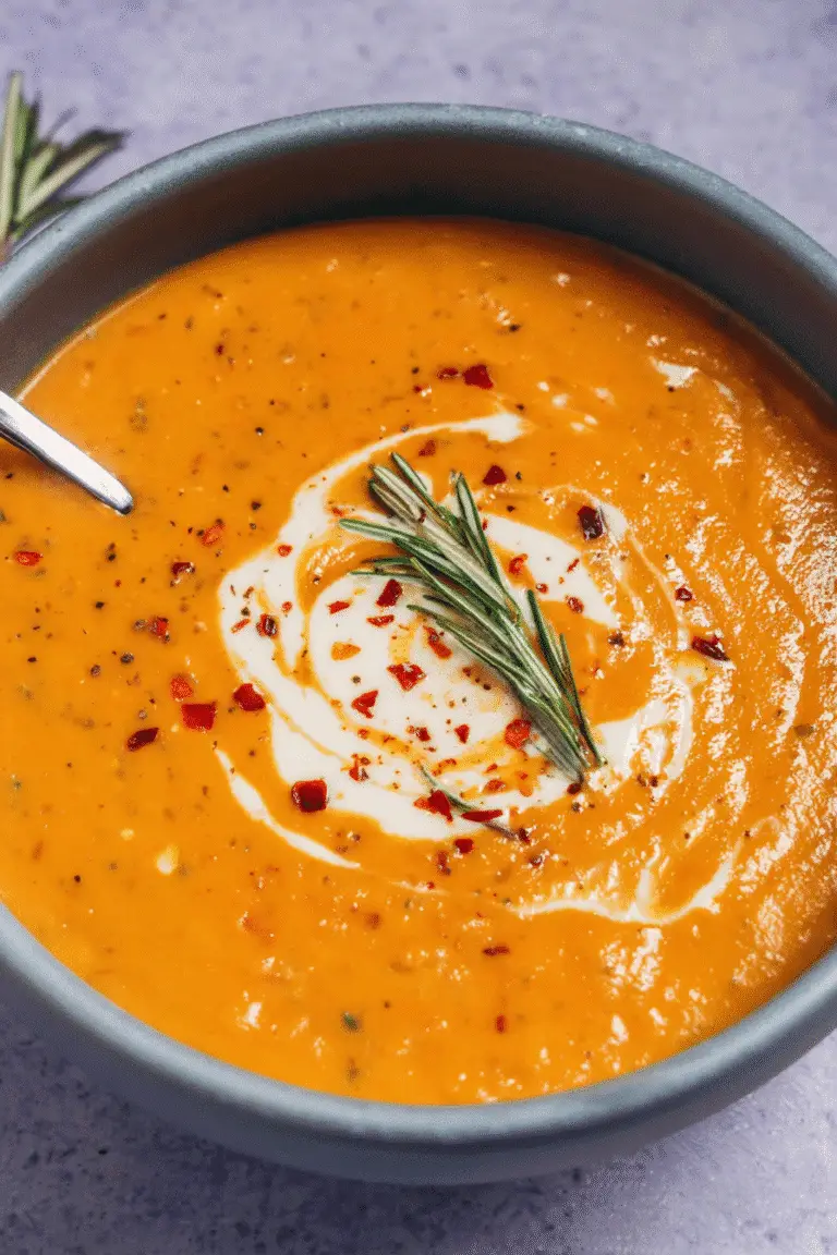 Roasted Vegetable Soup smooth, creamy, and rich orange in color, served in a gray ceramic bowl