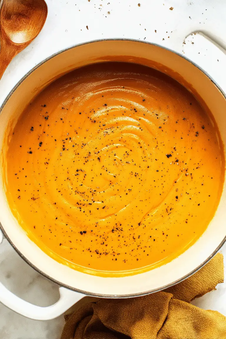 Soup smooth golden-orange puree in a white Dutch oven, sprinkled with cracked black pepper,