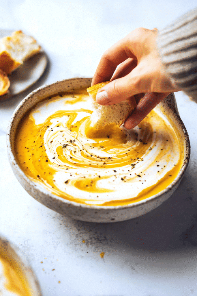 Soup smooth golden-orange soup swirled with cream,