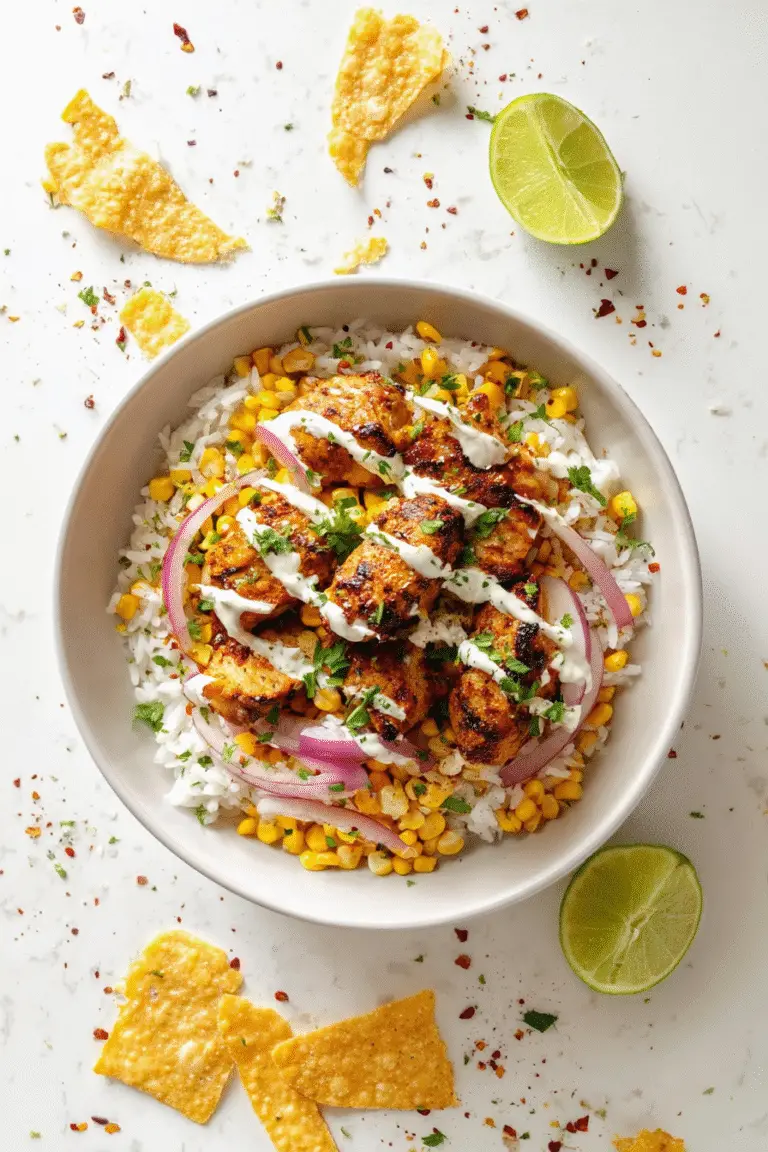 Street Corn Chicken Rice Bowl, top-down view, vibrant Mexican-inspired dish featuring grilled chicken pieces over fluffy white rice, roasted corn, red onion slices, chopped cilantro,