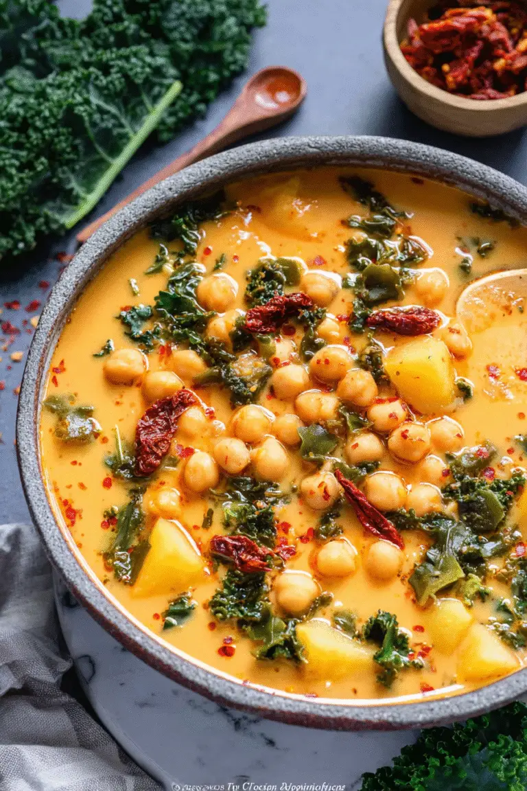 Tuscan Garbanzo Bean Soup in a rustic bowl, creamy golden-orange broth filled with chickpeas