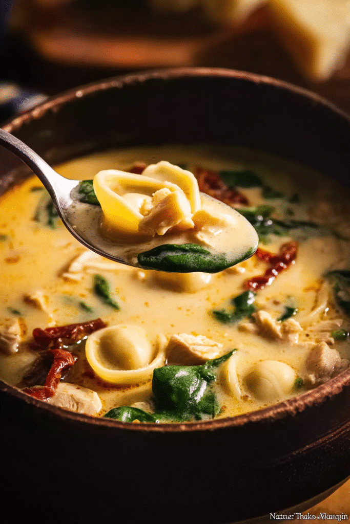 Tuscan-Style Chicken Soup served in a dark rustic bowl,