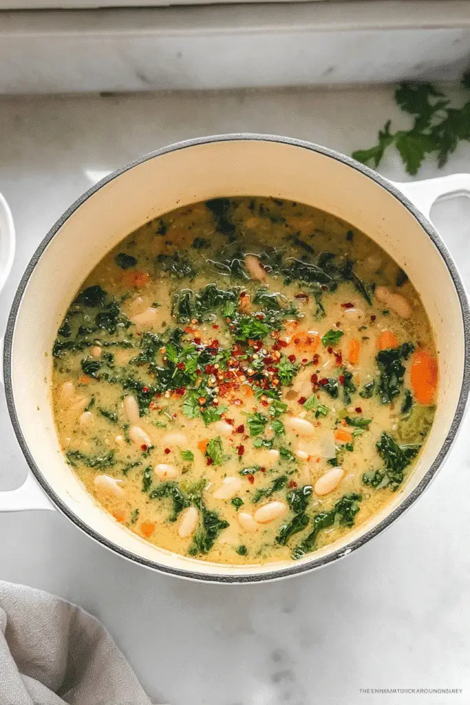 White Bean and Kale Soup served in rustic ceramic bowls,
