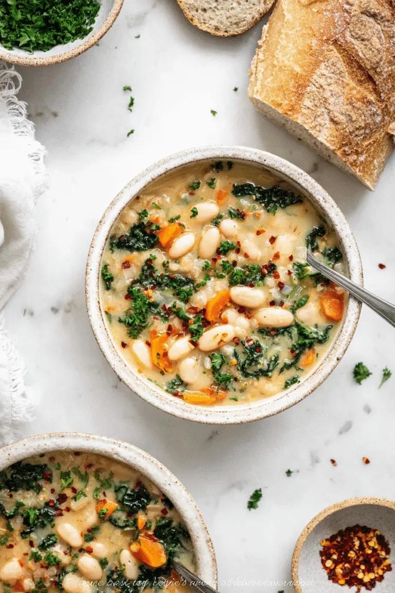 White Bean and Kale Soup simmering in a white Dutch oven pot