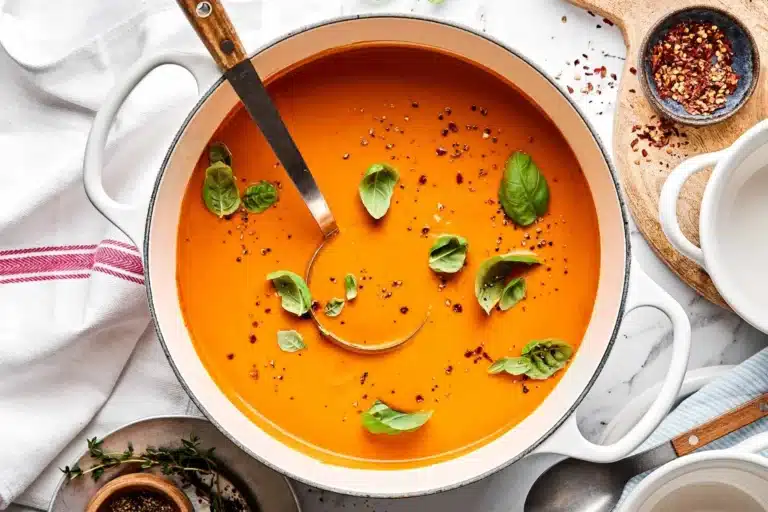 Bowl of creamy tomato soup made with canned tomatoes, garnished with fresh basil