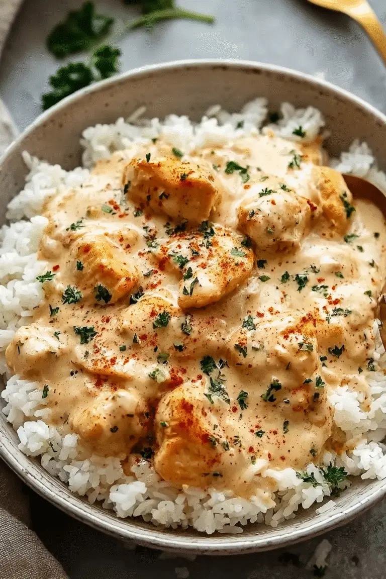 smotheered chicken with rice on a plate