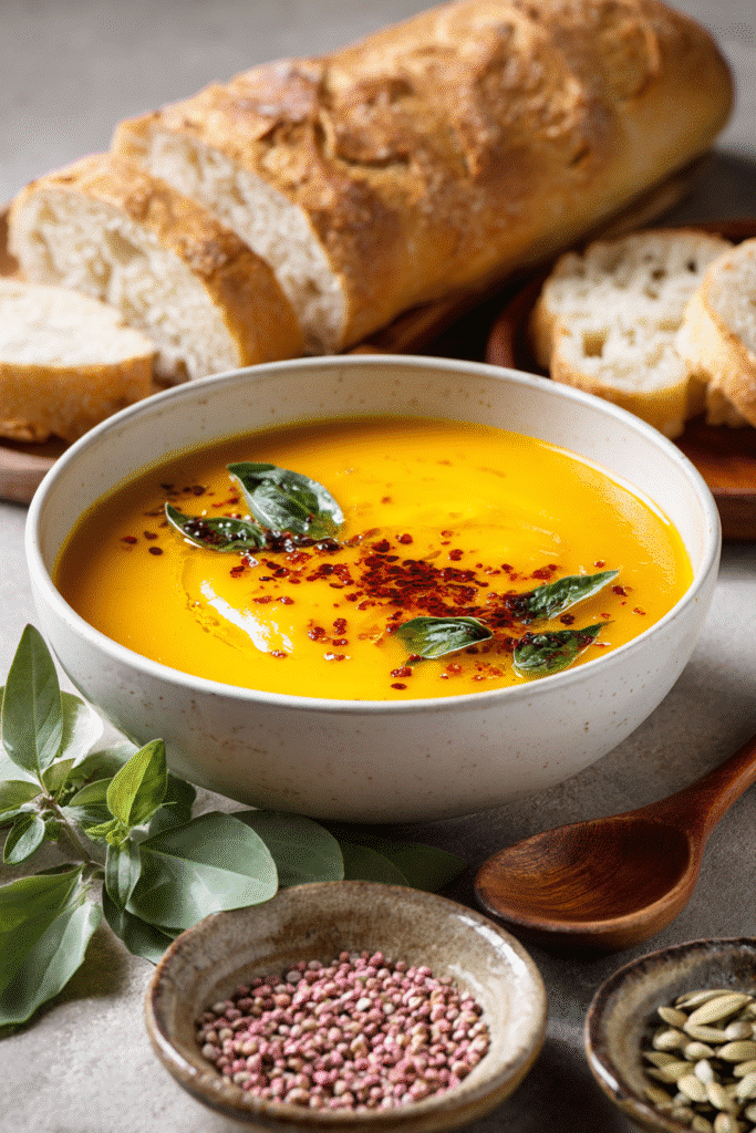 Creamy butternut squash and sweet potato soup topped with herbs and chili flakes beside fresh bread slices.