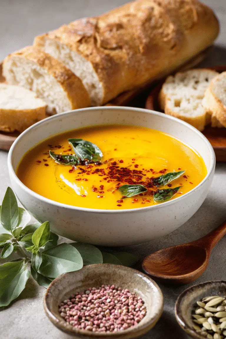 Creamy butternut squash and sweet potato soup topped with herbs and chili flakes beside fresh bread slices.