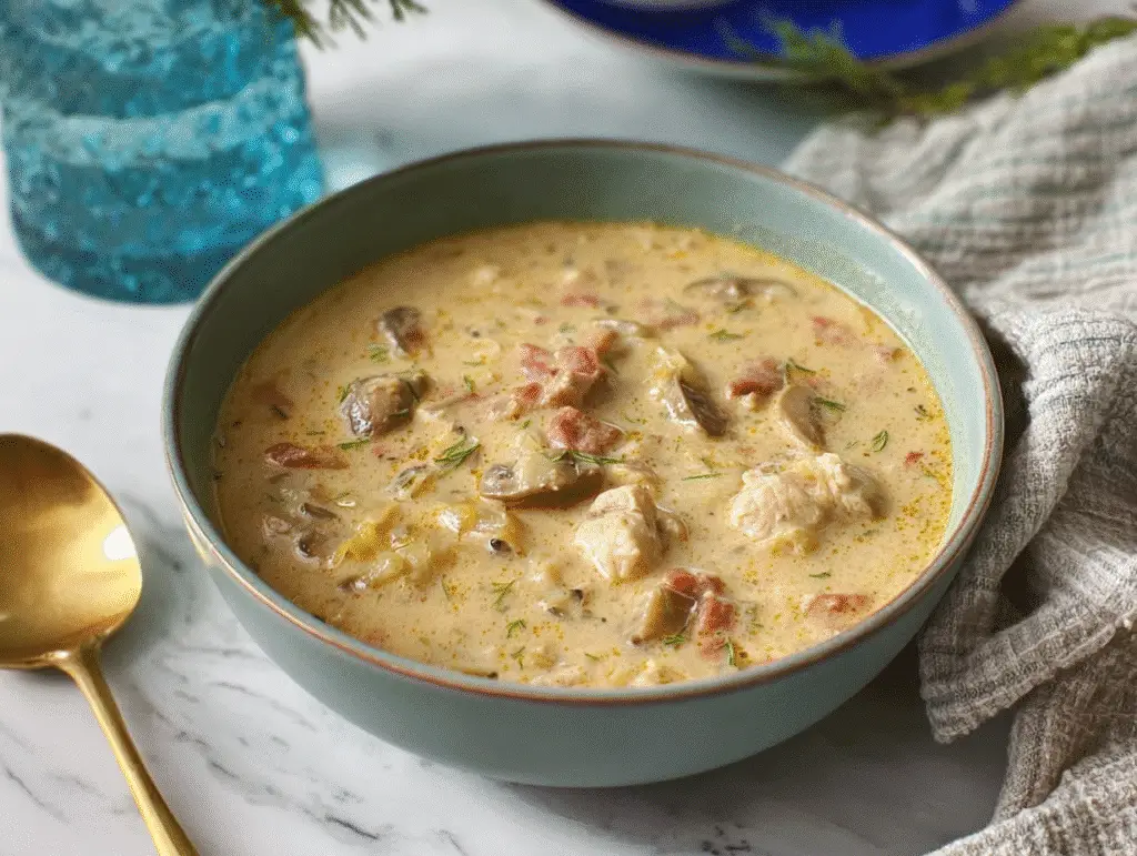 Creamy Philly cheese steak soup with tender beef, mushrooms, and peppers in a rich cheesy broth served warm in a bowl.