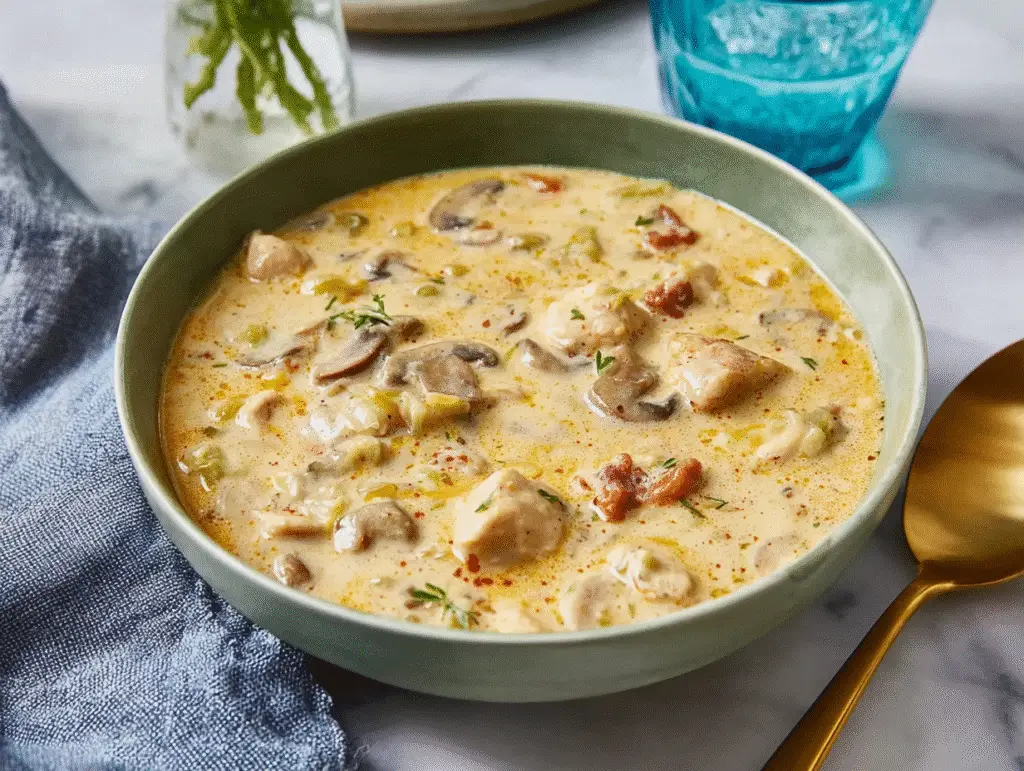 Philly cheese steak soup with mushrooms, beef, and peppers in a creamy cheesy broth served hot in a green bowl.