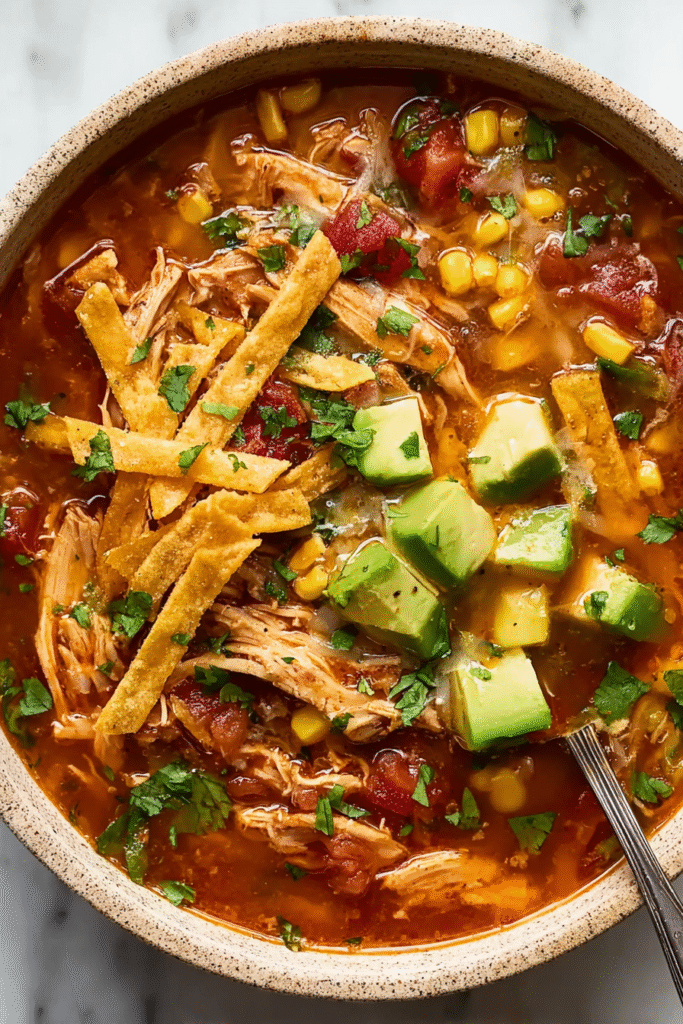 Bowl of fall chicken tortilla soup topped with avocado, tortilla strips, corn, tomatoes, and fresh cilantro.