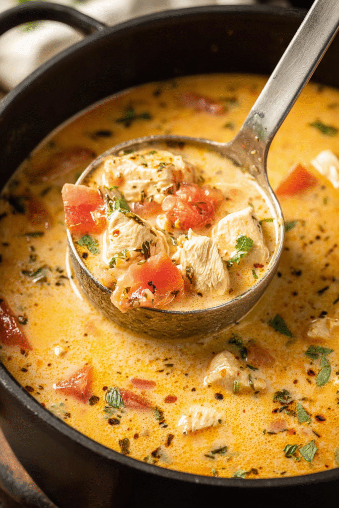 Creamy Marry Me Chicken Soup in a pot with chunks of chicken, tomatoes, and herbs in a rich golden broth