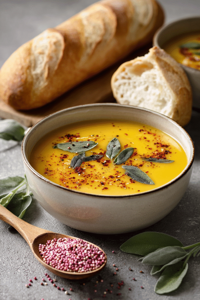 Smooth butternut squash and sweet potato soup topped with sage leaves and chili flakes beside crusty baguette bread.