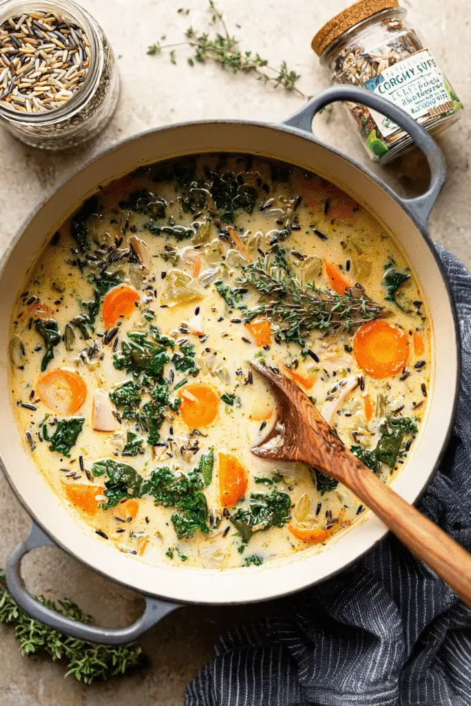 Creamy wild rice soup with carrots, kale, and herbs in a Dutch oven, cozy fall recipe with rich and comforting flavors