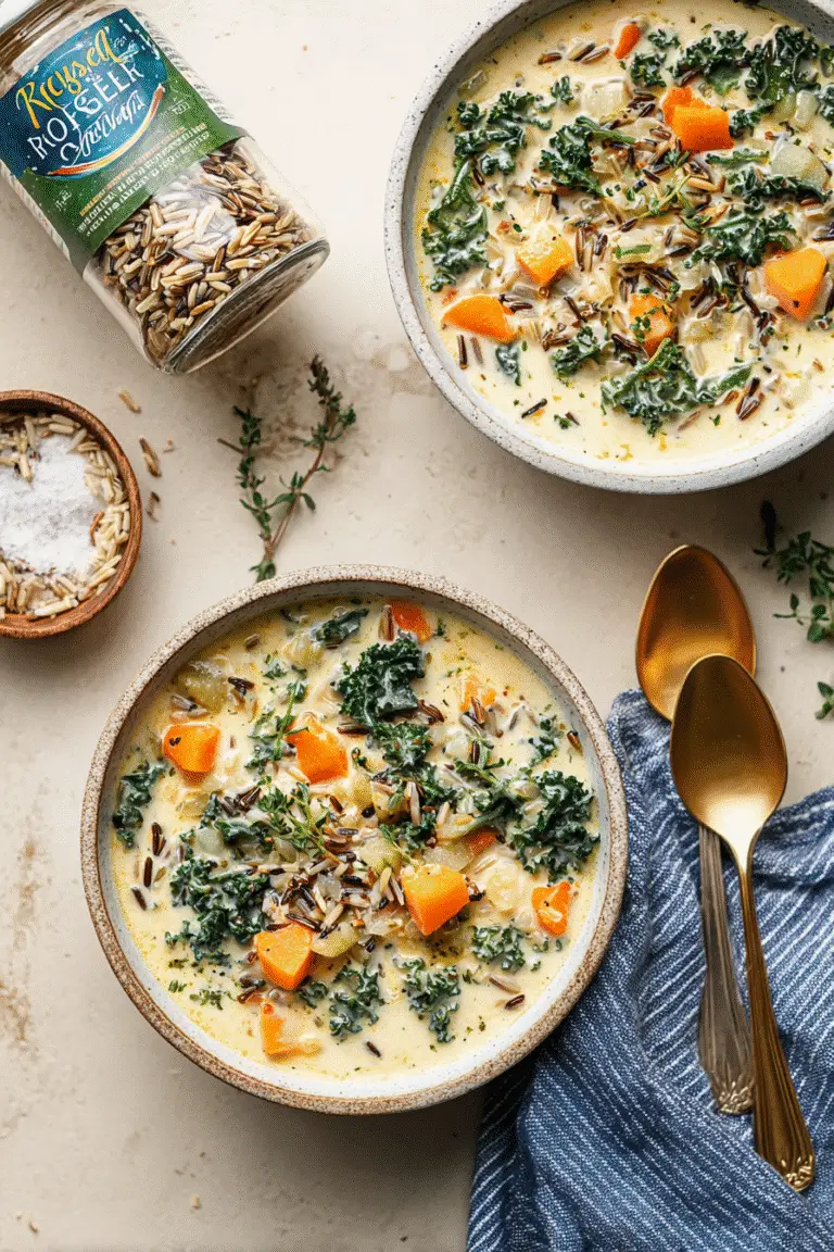 Creamy wild rice soup with kale and butternut squash served in bowls, comforting autumn meal with golden spoons
