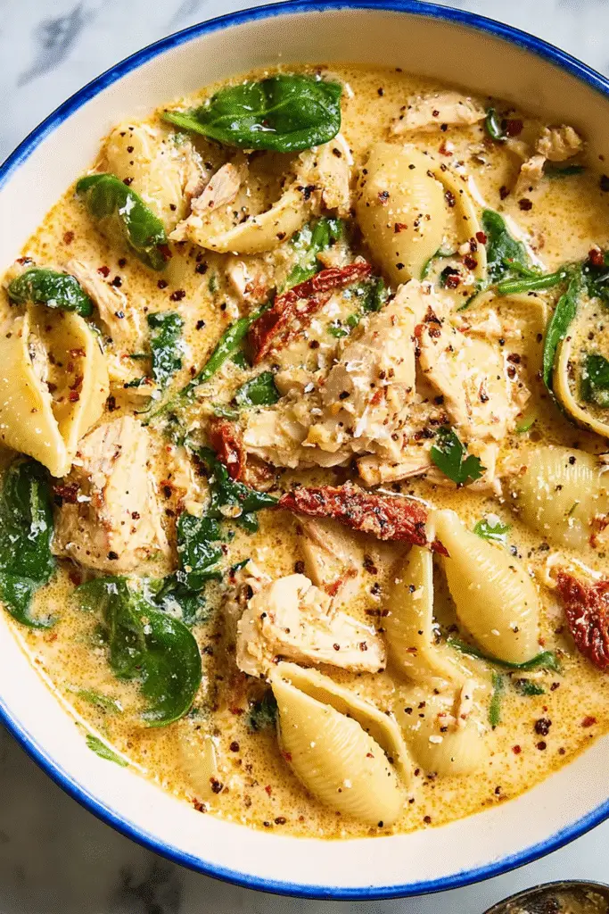 Creamy Marry Me Chicken Soup with chicken chunks, spinach, sun-dried tomatoes and shell pasta in a golden creamy broth
