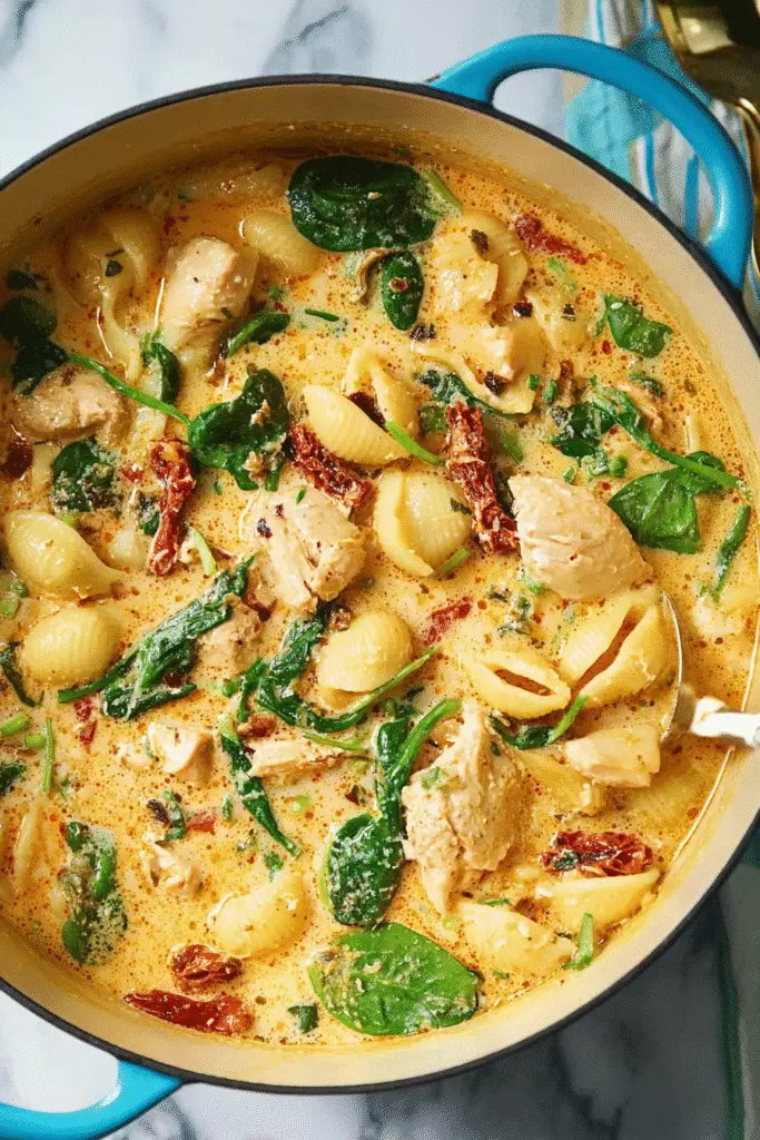Creamy Marry Me Chicken Soup with tender chicken, pasta shells, spinach, and sun-dried tomatoes in a rich sauce