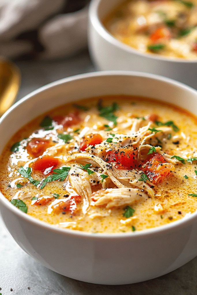 Creamy Marry Me Chicken Soup with tender chicken, tomatoes, and herbs in a cozy bowl topped with black pepper and parsley