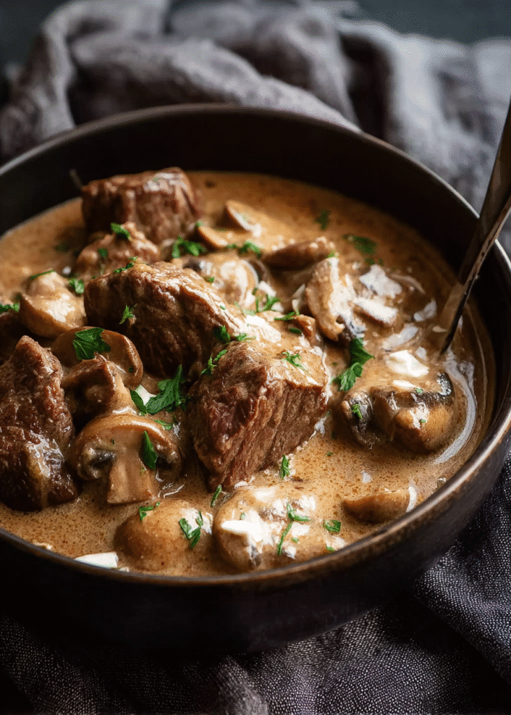 Tender beef chunks in creamy mushroom sauce with parsley garnish, served in a cozy slow cooker meal bowl.