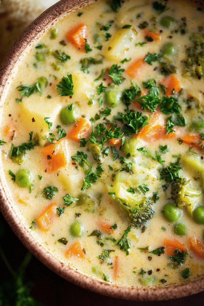 Creamy veggie pot pie soup with carrots, peas, potatoes, and broccoli in a rustic bowl, warm homemade comfort meal.