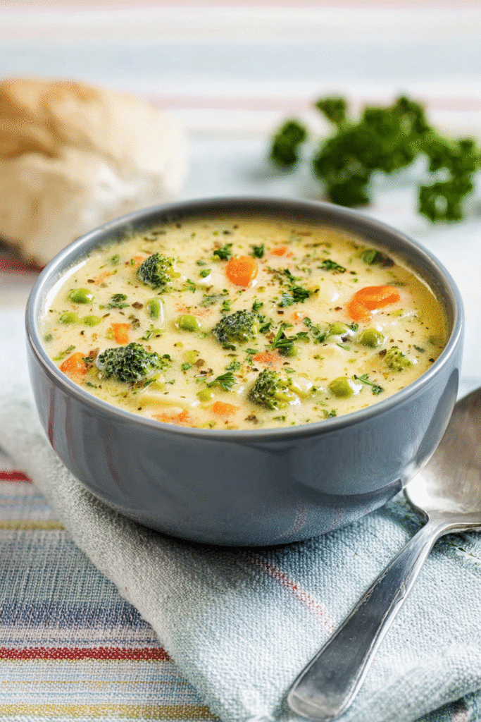 Creamy veggie pot pie soup with broccoli, carrots, and peas in a gray bowl, warm and hearty comfort food.