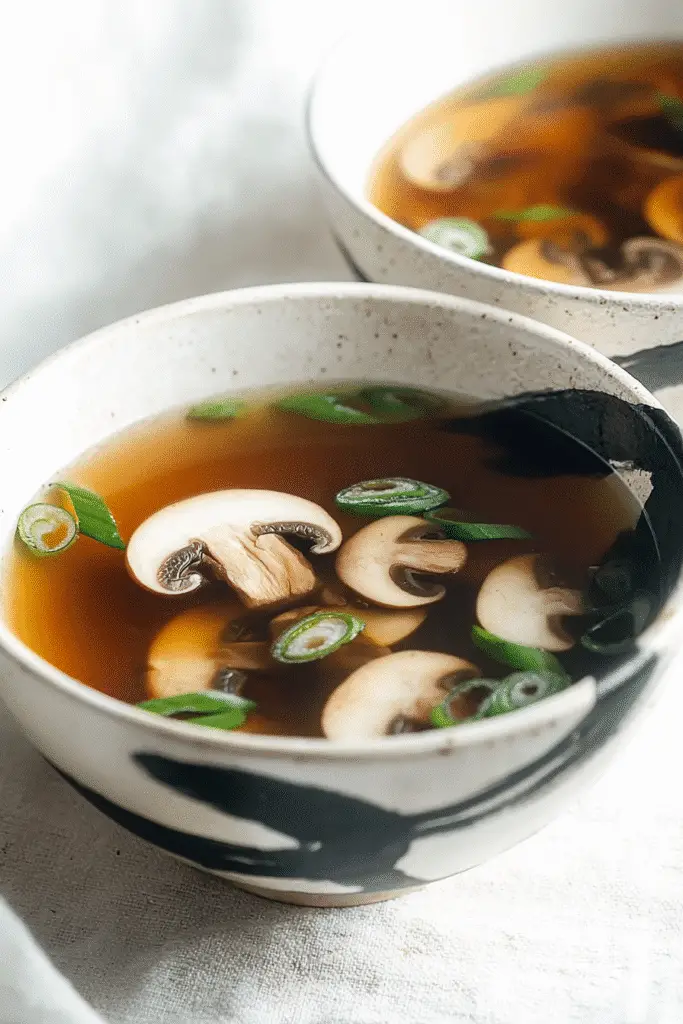 Japanese clear soup in ceramic bowls with sliced mushrooms and green onions in light broth on white background