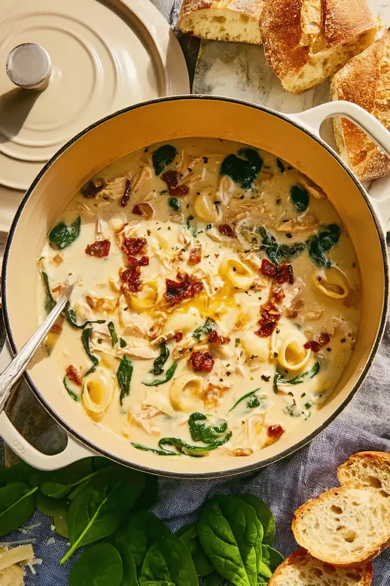 uscan-Style Chicken Soup in a cream-colored Dutch oven, rich creamy broth with shredded chicken, spinach, pasta shells,
